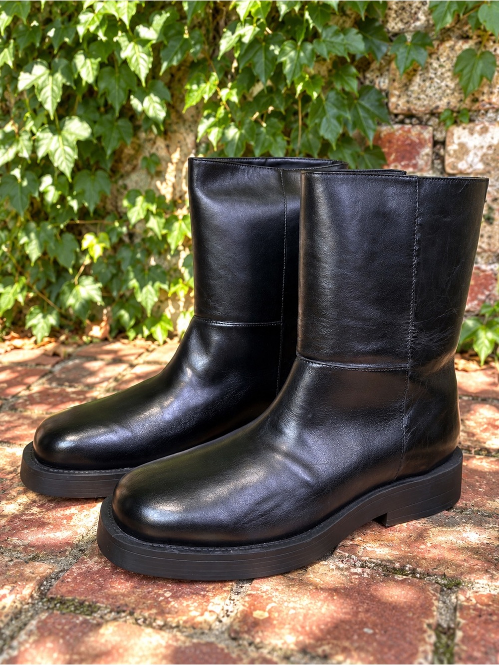 SCHUTZ Black Leather Downtown Whimsigoth Combat Moto Mid-Calf Boots, 10